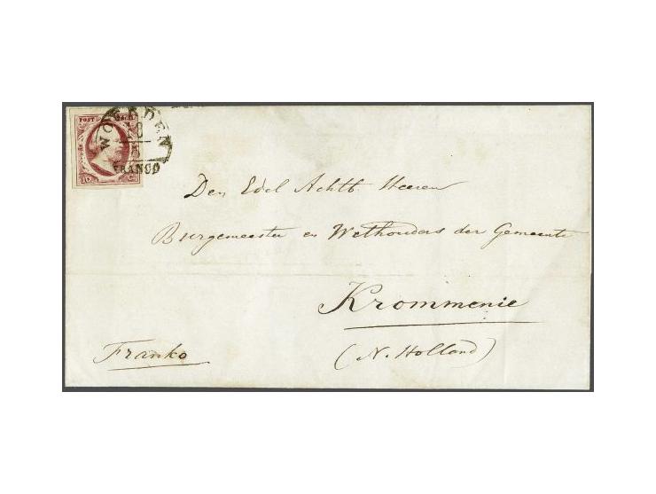 Woerden A (Ey 175) op 10 cent karmijn plaat I op briefomslag van Bodegraven (langstempel achterzijde) 18-5-1853  over Wormerv