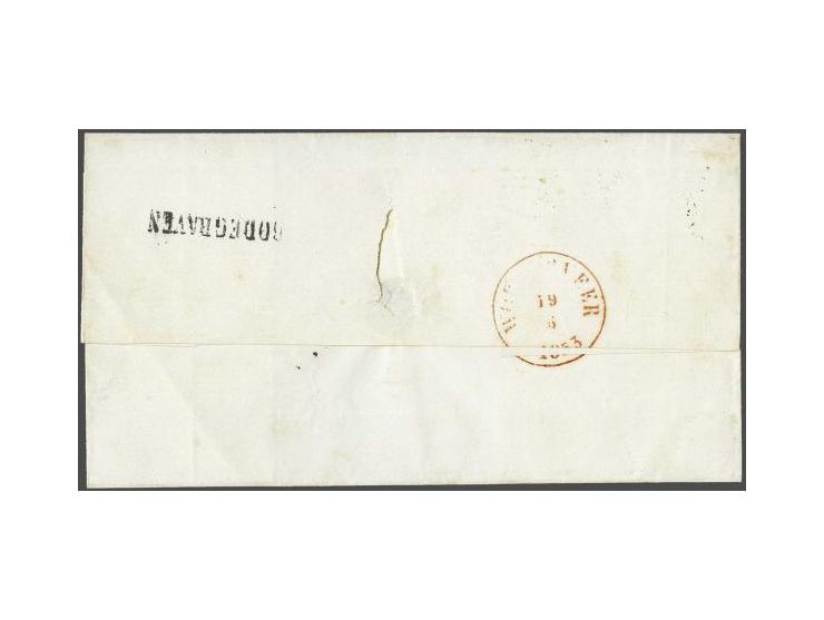 Woerden A (Ey 175) op 10 cent karmijn plaat I op briefomslag van Bodegraven (langstempel achterzijde) 18-5-1853  over Wormerv