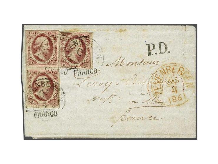 Zevenbergen C (Ey 200) 30-4-1861 met kopstaande datum op 10 cent dofrood (3x) op kleinformaat vouwbrief naar Lille (F), vrijw