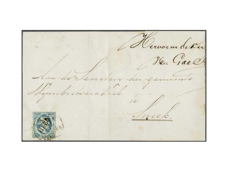 Heeg (Ey 250) op 5 cent lichblauw plaat IV met tevens Sneek C groot (Ey 100) op briefomslag 30-?-1860, vrijwel pracht ex. (ze