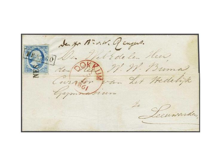 Nes (Ey 100) op 5 cent lichtblauw plaat IV op briefomslag via Dokkum 3-6-1861 naar Leeuwarden, pracht ex. (omslag horizontaal