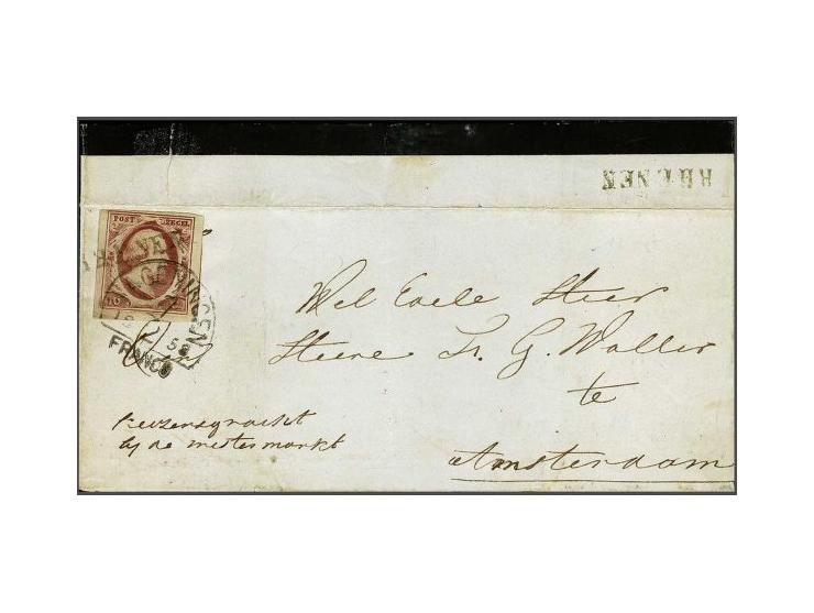 Rhenen (Ey 250) en halfrond-francostempel Wageningen C (Ey 75) op 10 cent rood plaat V op groot briefdeel 7-2-1858 naar Amste