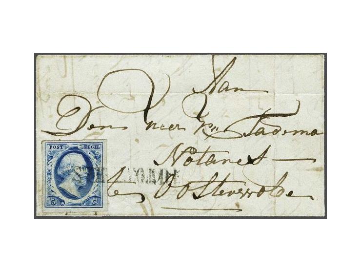Wommels (Ey R) 2x op 5 cent blauw plaat I op kleinformaat vouwbrief 31-1-1853 naar Oosterwolde, pracht ex. (brief horizontaal