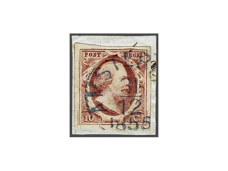 Rondstempel met groteske letters Amsterdam (Ey 500) in blauw op 10 cent donkerrood plaat III pos. 70 op fragment, pracht ex.