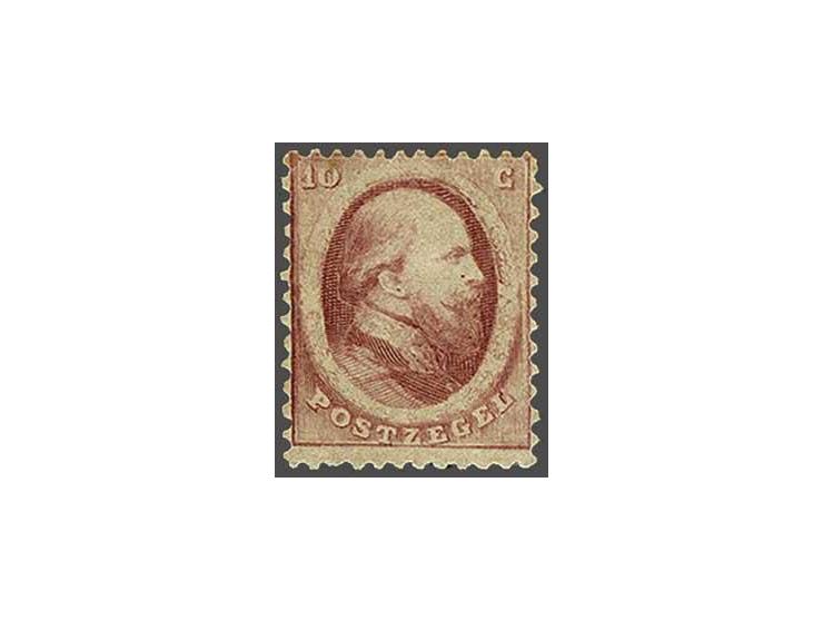 10 cent rood met volle originele bruine gom, vrijwel pracht ex. (afgesprongen gomschilfertje en korter tandje), cat.w. 550