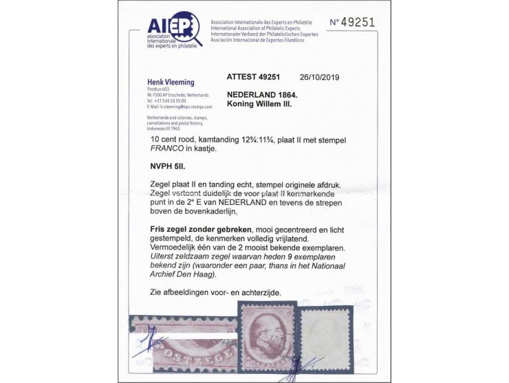 10 cent rood plaat II, zeer fris pracht ex. met certificaat Vleeming 2019. Één uiterst zeldzaam zegel. Dit bij ons bedrijf in