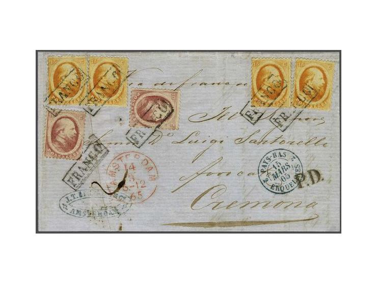 10 cent rood (2x) en 15 cent oranje (4x) op briefomslag van Amsterdam 14-3-1865 via Erquelines en Turijn naar Cremona (I). Ju