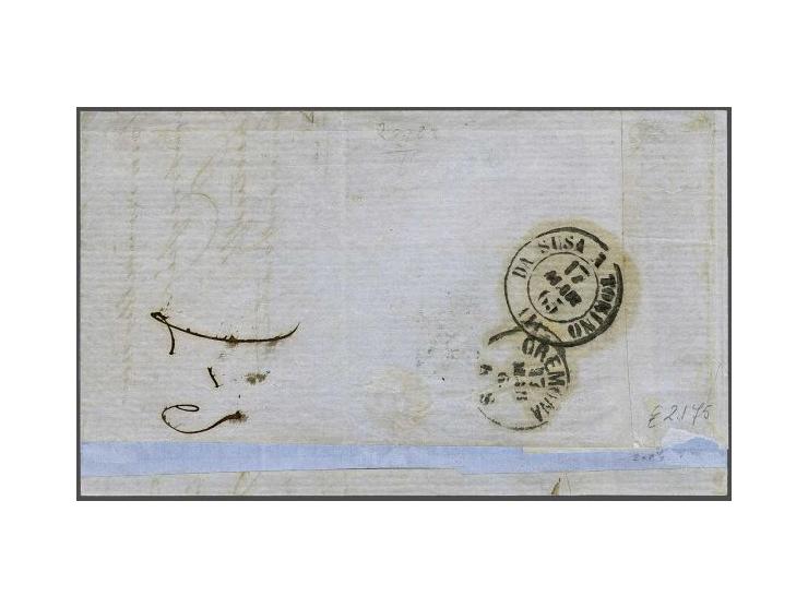 10 cent rood (2x) en 15 cent oranje (4x) op briefomslag van Amsterdam 14-3-1865 via Erquelines en Turijn naar Cremona (I). Ju