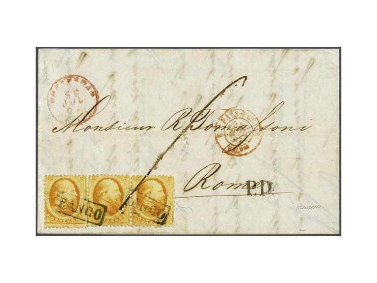 15 cent oranje (3x w.b. paar) op vouwbrief van Amsterdam 22-7-1865 via Valenciennes naar Rome, vrijwel pracht ex. (rechterzeg