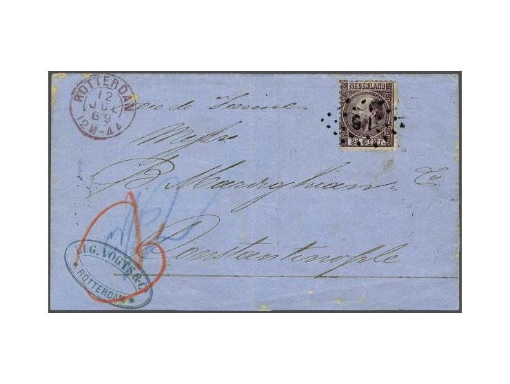 25 cent donkerviolet type I tanding 12¾ x 11¾ op groot briefdeel (achterzijde ontbreekt deels) van Rotterdam 12-7-1869 over W