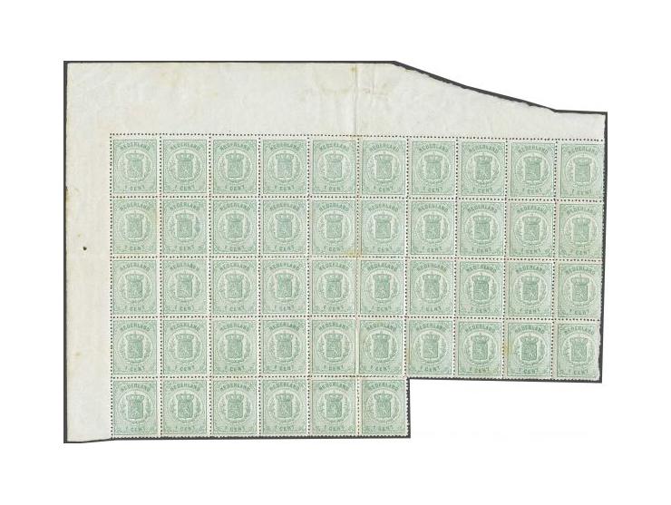 1 cent groen tanding 13½ kleine gaten op dik papier in veldeel van 46 ex. met hoekvelrand. Vouwtje door posities 16-20, schaa