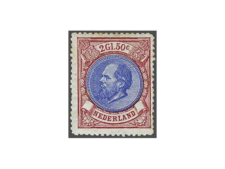 2½ gulden rood en blauw tanding 14 kleine gaten, pracht ex. (origineel bruinig vlekje in gom) met certificaat Vleeming 2014, 