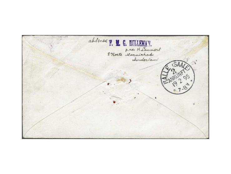 7½ cent chocoladebruin (3x), Hangend Haar 5 cent blauw en Hangend Haar 7½ cent bruin op aangetekende envelop van Amsterdam 18