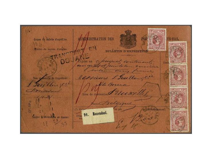 10 cent rood tanding 12½ grote gaten (5x w.b. verticale strip van 4) op een pakketkaart voor een gilet en een pantalon van Ro