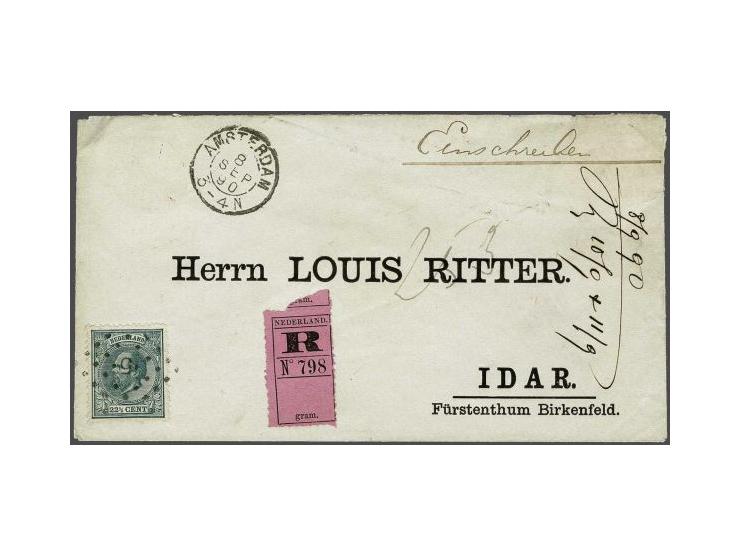 22½ cent blauwgroen tanding 12½ x 12 grote gaten op aangetekende envelop van Amsterdam 8-9-1890 naar Idar-Oberstein (D), fris