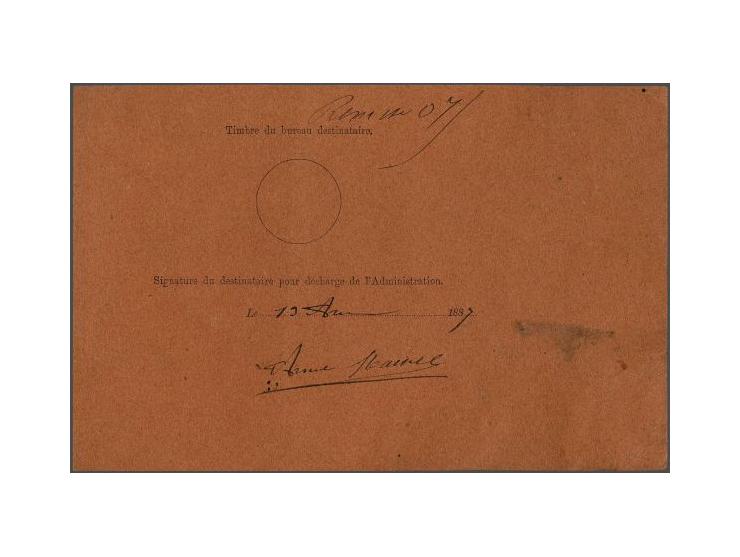 50 cent geelbruin tanding 12½ x 12 grote gaten in strip van 3 op pakketkaart voor 3 kistjes snijbloemen van Haarlem 12-4-1887
