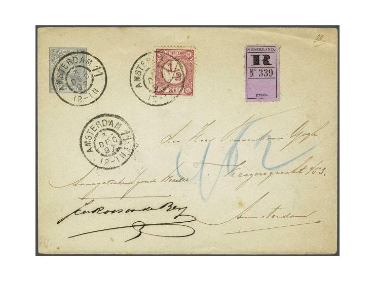 ½ cent roze op aangetekende envelop G7 lokaal te Amsterdam 3-12-1896, pracht ex. Juist tarief van 13 cent voor een aangeteken