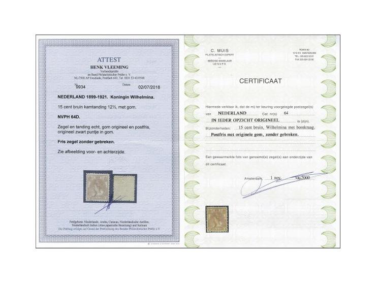 15 cent bruin vrijwel pracht ex. (origineel zwart puntje in gom) met certificaten Muis 2000 en Vleeming 2018, cat.w. 725 