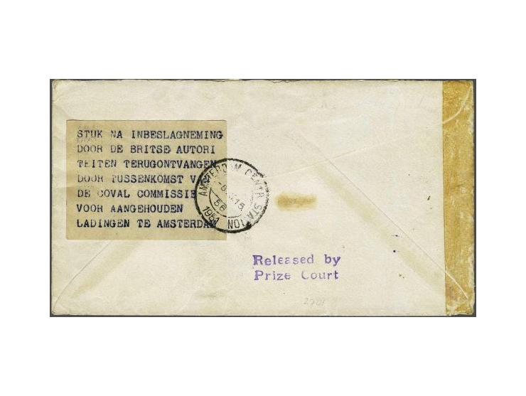 Blauw rondstempel Commissie voor aangehouden lading op envelop USA-Rotterdam 11 maart 1948 en in 1951 vrijgegeven, achterzijd