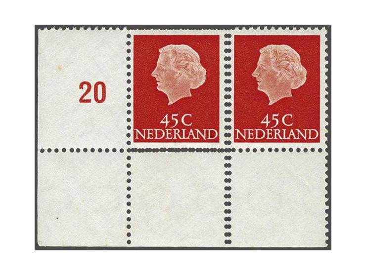 En Profil 45 cent vermiljoen in hoekpaar met velrand w.b. linkerzegel met variëteit diamanttanding