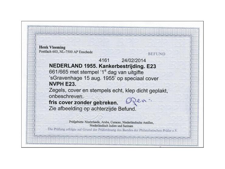 fdc E23 Kankerbestrijding, onbeschreven pracht ex. met open klep en attest Vleeming 2014, cat.w. 300