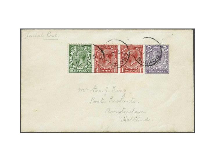 Brief eerste terugvlucht Croyden (London)-Amsterdam 6 jy 1920 met aankomststempel 6.VII.1920 met 2½d port en 3d luchtprecht, 