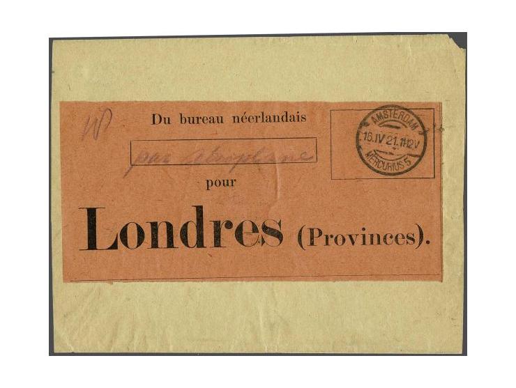 Luchtpostpochete met oranje strook par aeroplane pour Londres (Provinces) en stempel Amsterdam Mercurius 5 16.IV.21 (op 14 ap