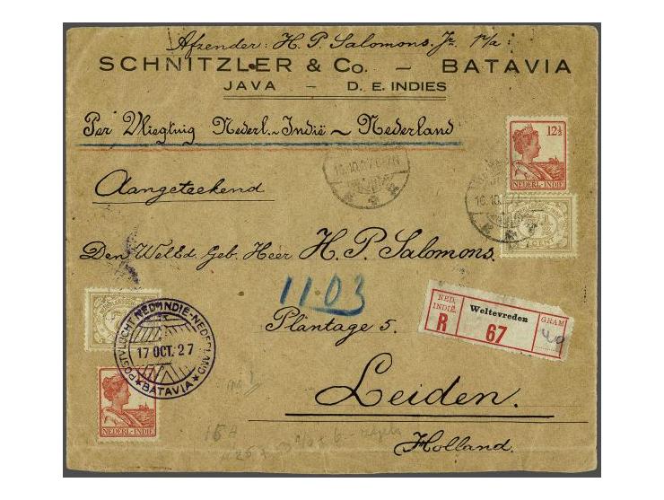 Koppenvlucht, aangetekend en geschreven 40 gram, 17 oct Weltevreden-Leiden met fl.20,80 frankering, aankomststempel Leiden 29