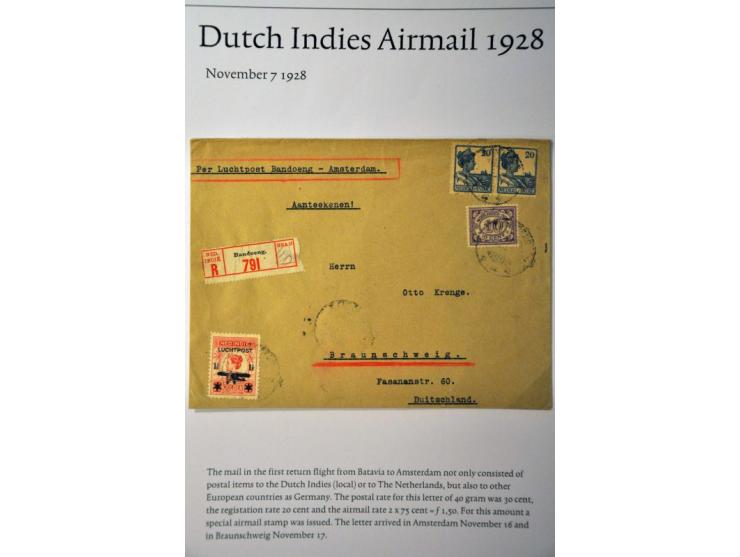 9 luchtpoststukken Nederlands-Indië-Nederland w.b. Koppen kaart en brief, luchtpostzegels, aangetekend en propellorstempels v