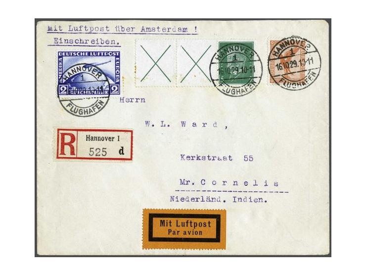 Aangetekende brief Duitse Rijk per 4e proefvlucht Amsterdam-Mr.Cornelis vanuit Hannover2 Flughafen 16.19.29 naar Amsterdam, a