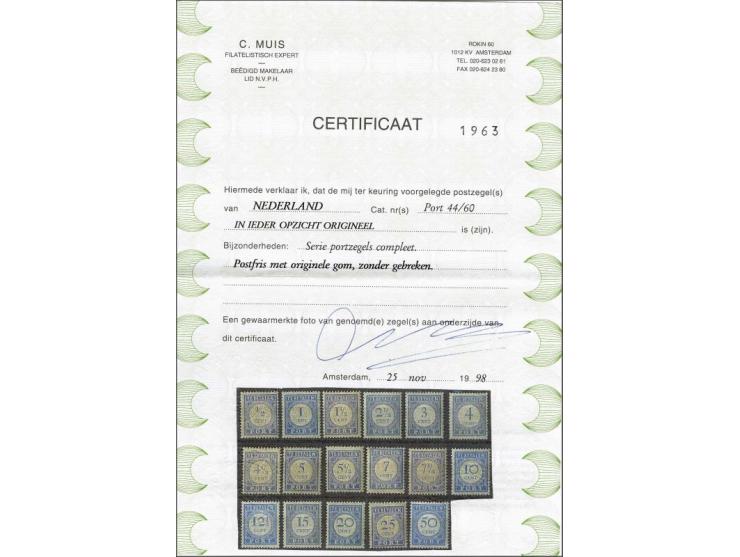 ½ t/m 50 cent lichtblauw met certificaat Muis 1998, 12½ cent met origineel glimplekje in gom, cat.w. 555