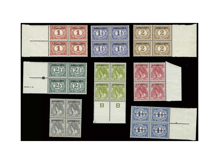 Armenwet 1 t/m 10 cent in blokken van 4 meeste met velrand (D1 met scheurtje in velrand), cat.w. 3200  