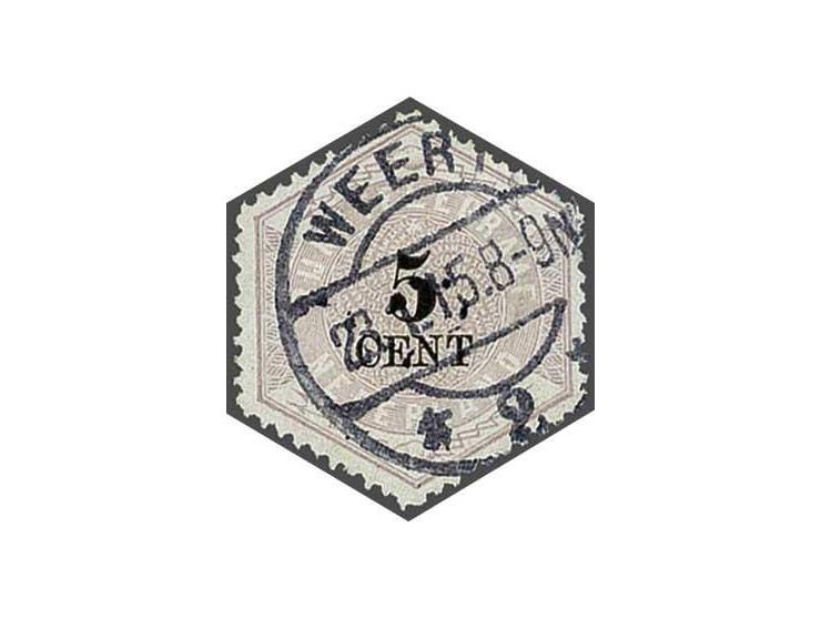 5 cent lila en zwart met langebalkstempel Weert, pracht ex.