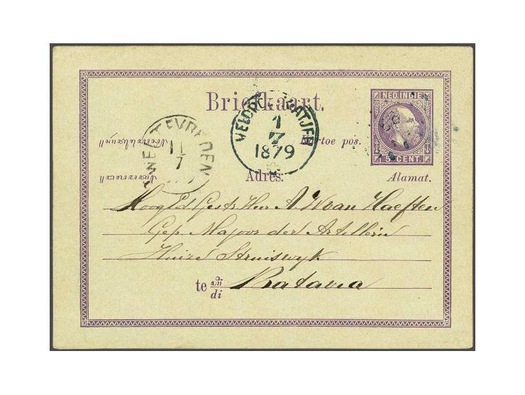 Briefkaart Willem III 5 cent violet met puntstempel 66 en rondstempel Veldpost Atjeh 1-7-1879 naar Batavia, pracht ex.