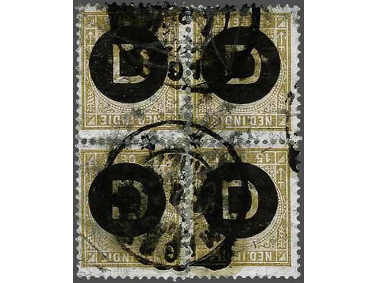 15 cent olijfbruin met variëteit opdruk D kopstaand (4 losse ex. tezamen een blok vormend), 1 ex. minder mooi, zeldzaam gehee
