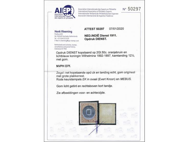 2½ gulden oranjebruin en lichtblauw met foutdruk kopstaande opdruk, vrijwel pracht ex. (gom licht getint en rechtsboven iets 