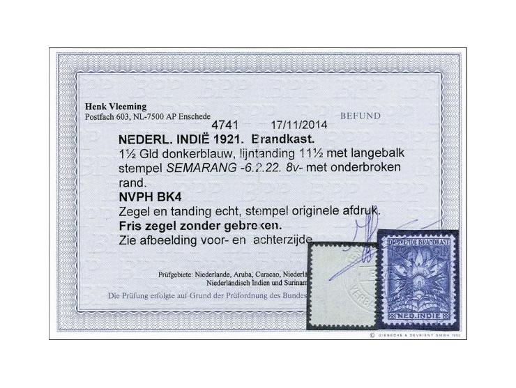 1½ gulden donkerblauw met langebalkstempel Semarang 6-2-1922, pracht ex. met certificaat Vleeming 2014 