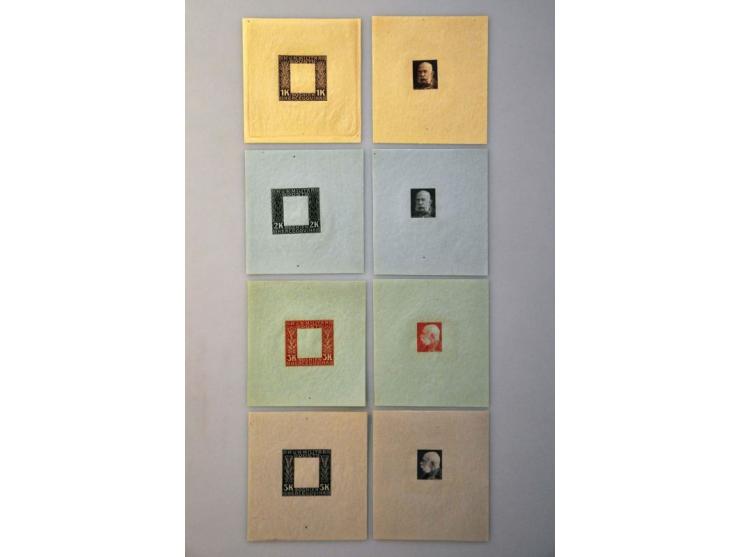 Franz Joseph I 1 heller - 10 kronen, imperforated proofs in the chosen colours, one set with only frame and one set with only