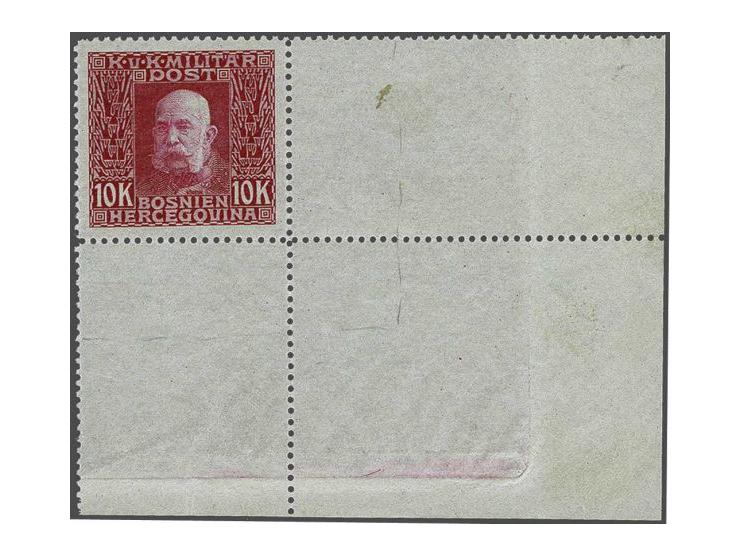 Franz Joseph I 10 kronen,  5 perforated colourproofs in gray brown, lila, olive, carmine and brown red, all with corner sheet