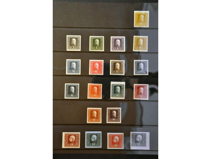 Franz Joseph I 2 heller - 10 kronen, complete set with variety imperforated in the chosen colours and 2 complet sets (one per