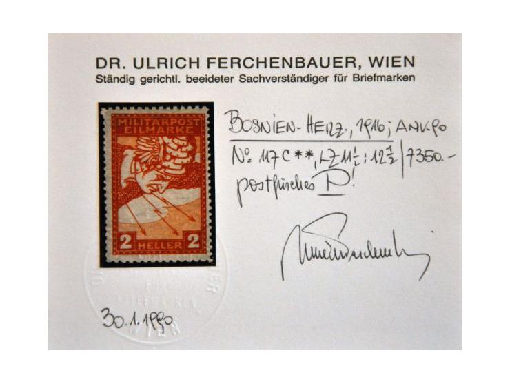 Flying Mercury 2 heller orange red perforated 11½:12½, very fine unmounted mint with 1990 Ulrich Ferchenbauer certificate, ca