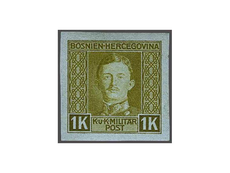 Not issued Karl 1 kronen olive green on greenish paper with variety imperforated, very fine unmounted mint (small dull spot) 