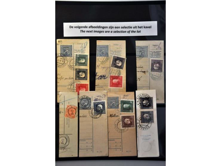 collection stamps and cancellations A-Z (including railway) on fragments of parcel cards, in album