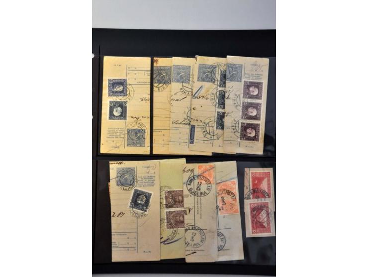 collection stamps and cancellations A-Z (including railway) on fragments of parcel cards, in album