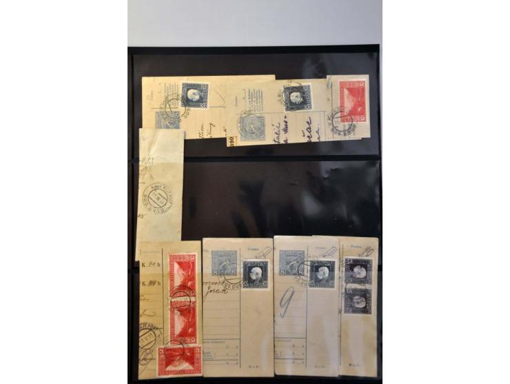 collection stamps and cancellations A-Z (including railway) on fragments of parcel cards, in album