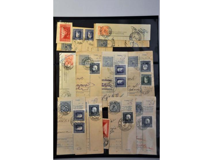 collection stamps and cancellations A-Z (including railway) on fragments of parcel cards, in album