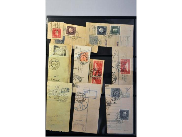 collection stamps and cancellations A-Z (including railway) on fragments of parcel cards, in album