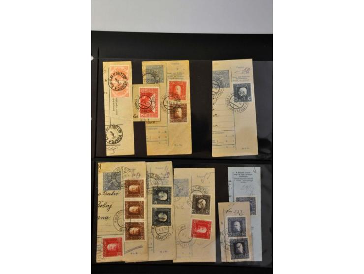collection stamps and cancellations A-Z (including railway) on fragments of parcel cards, in album