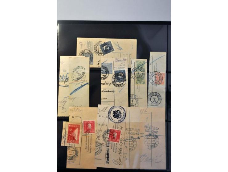 collection stamps and cancellations A-Z (including railway) on fragments of parcel cards, in album