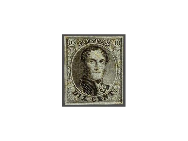 Leopold I 10 centiem bruin op dun papier met watermerk LL in kader, postfris met certificaten Willy Balasse 1972 en Pierre Ka